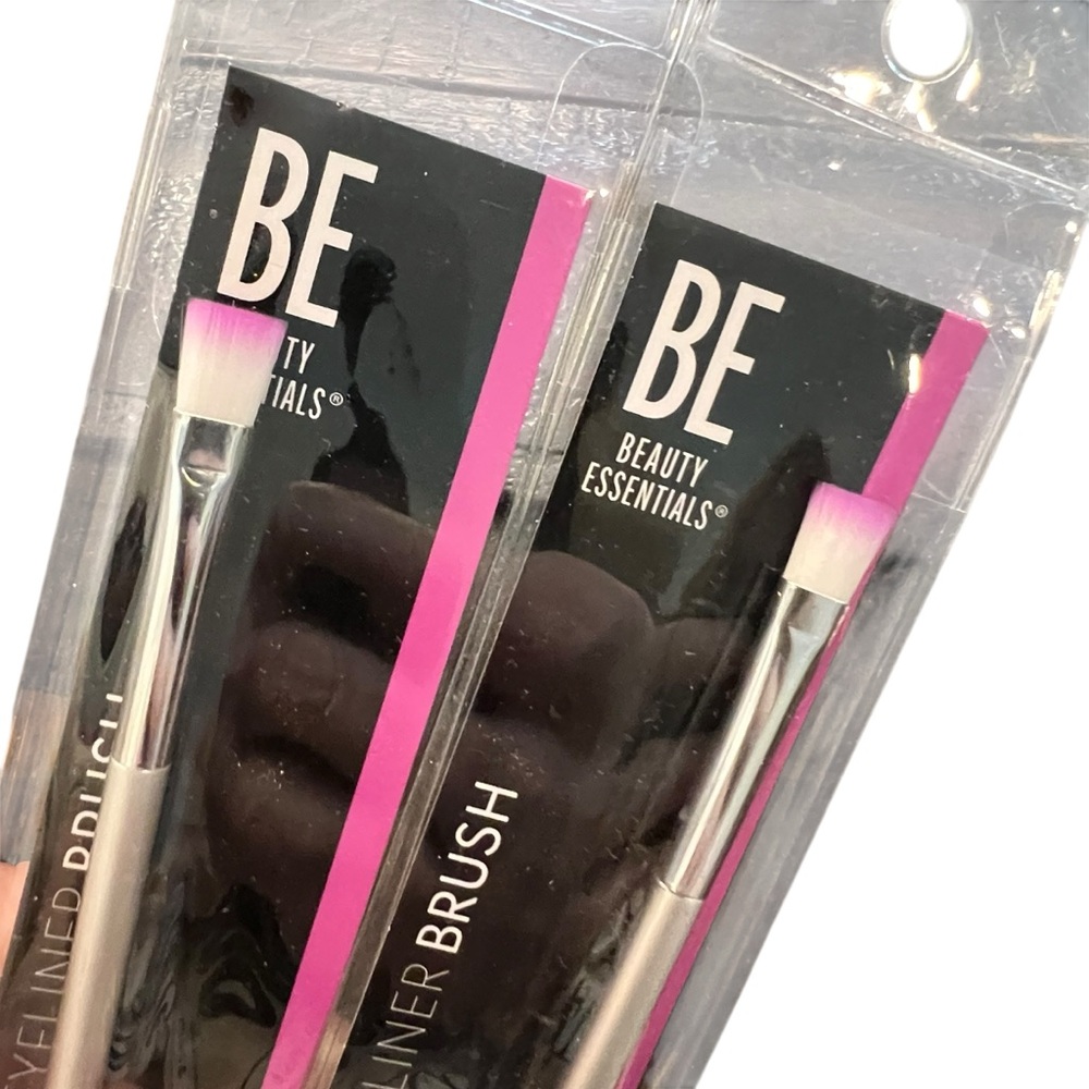 Beauty Essentials Makeup Brush 2 Pc Eyeliner Silver Handle NEW Pink Tipped